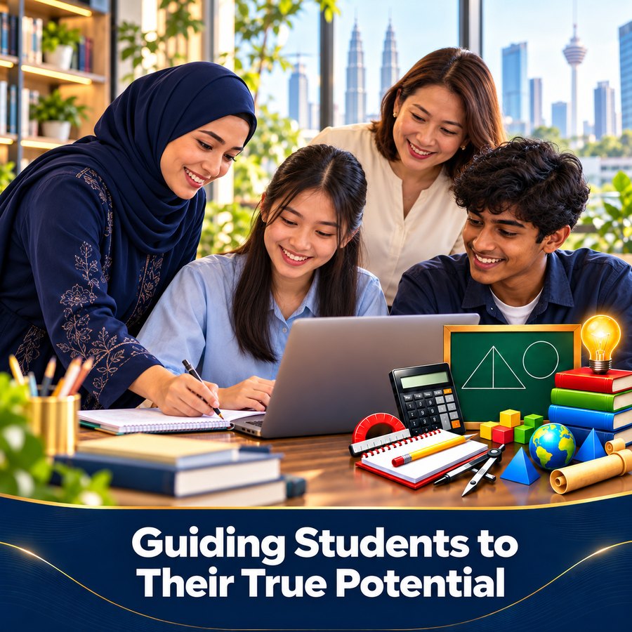 A teacher, a parent and students studying mathematics together on a laptop