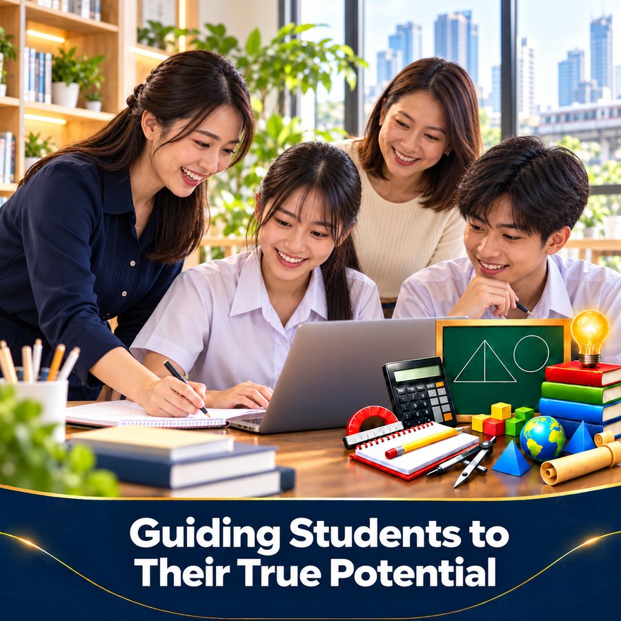 A teacher, a parent and students studying mathematics together on a laptop