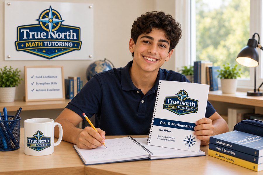 A student holding a True North Mathematics Year 8 workbook