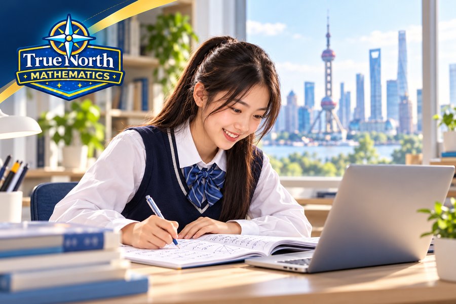 A student holding a True North Mathematics Year 8 workbook