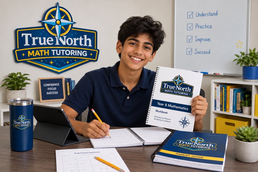 A student holding a True North Mathematics Year 8 workbook