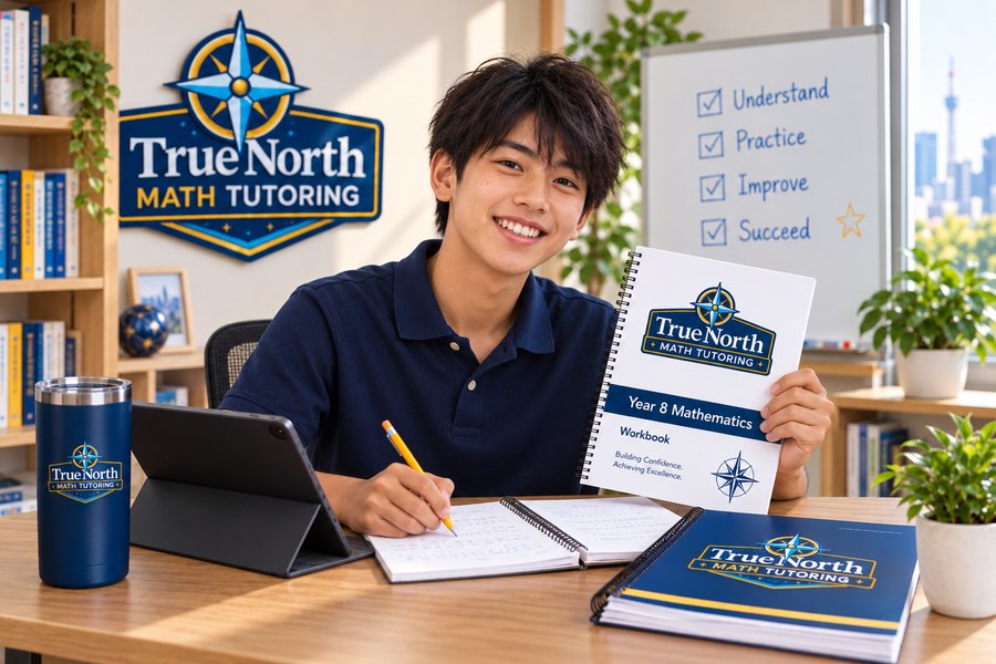 A student holding a True North Mathematics Year 8 workbook