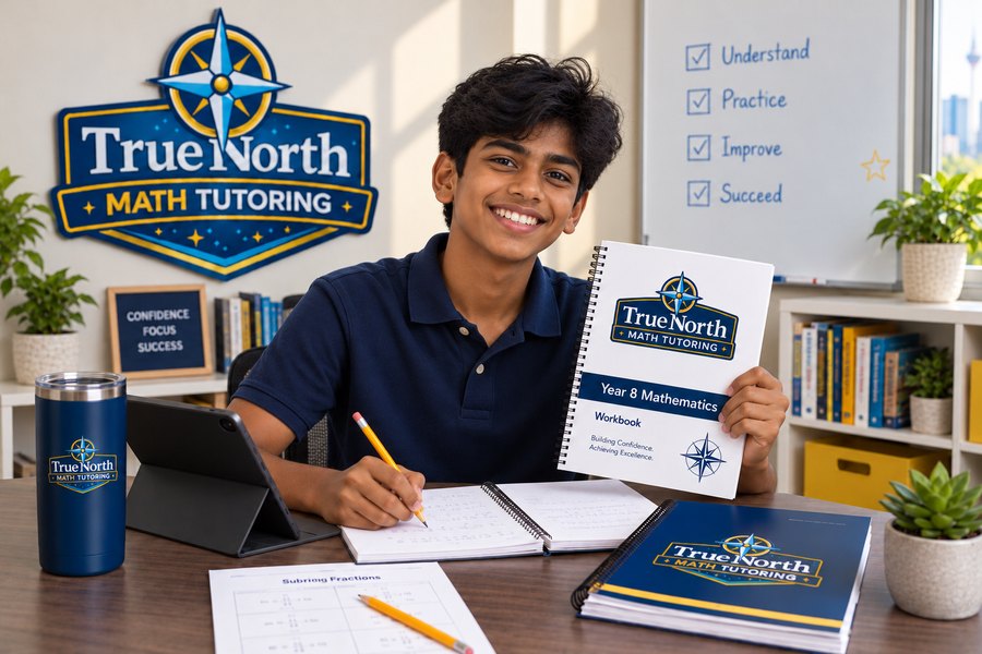 A student holding a True North Mathematics Year 8 workbook