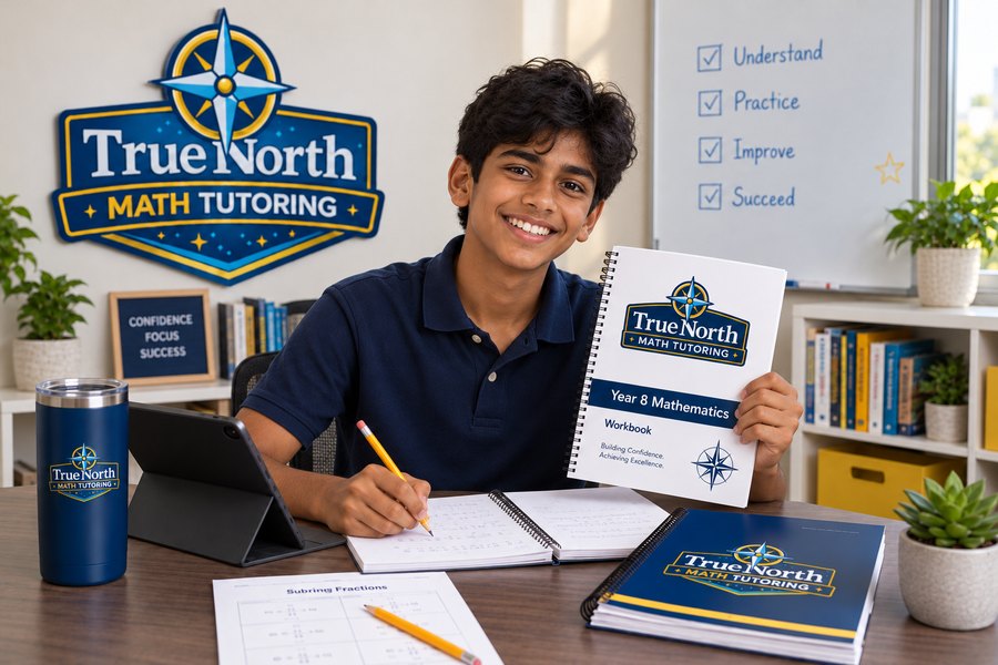 A student holding a True North Mathematics Year 8 workbook