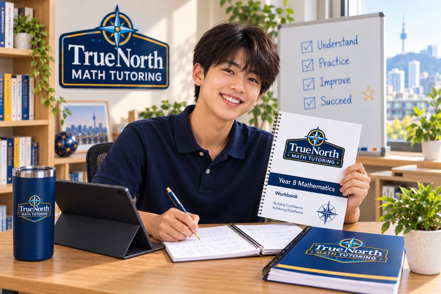 A student holding a True North Mathematics Year 8 workbook