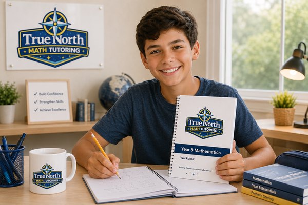 A student holding a True North Mathematics Year 8 workbook
