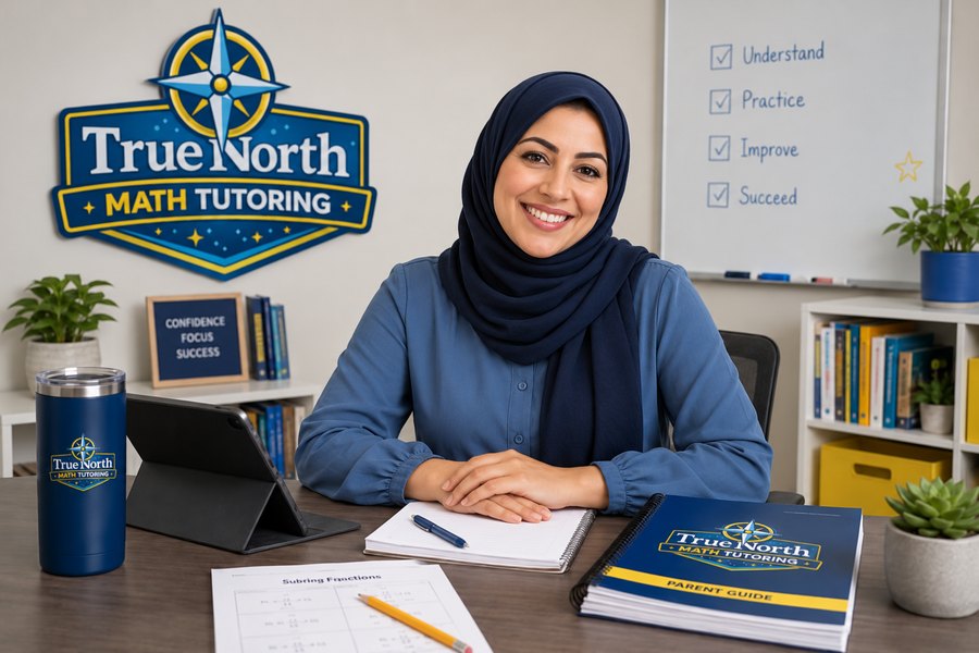 A True North Mathematics teacher at her desk with worksheets and a parent guide