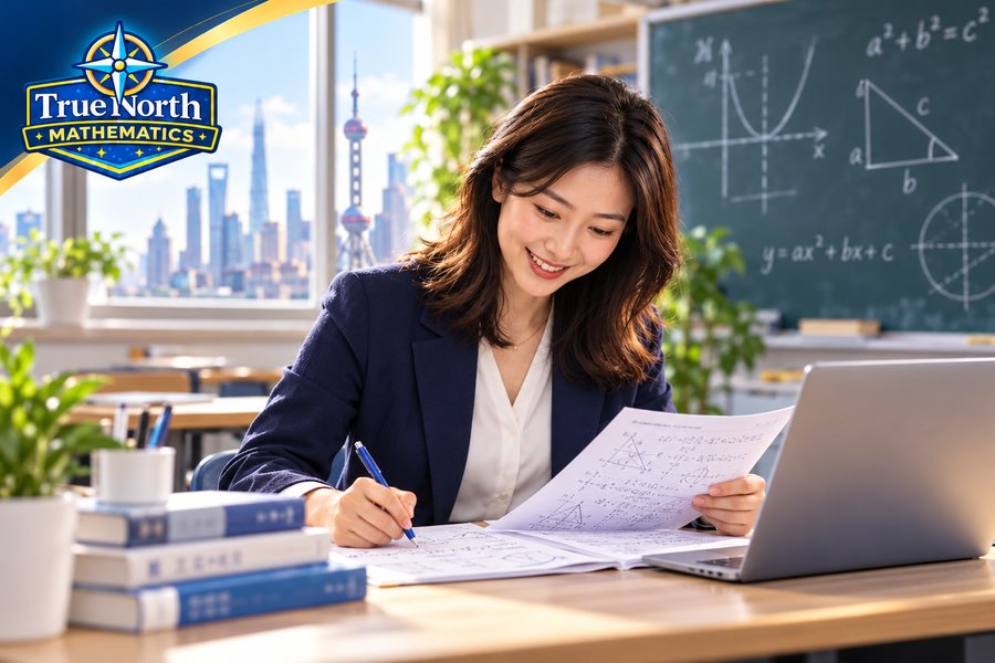 A True North Mathematics teacher at her desk with worksheets and a parent guide