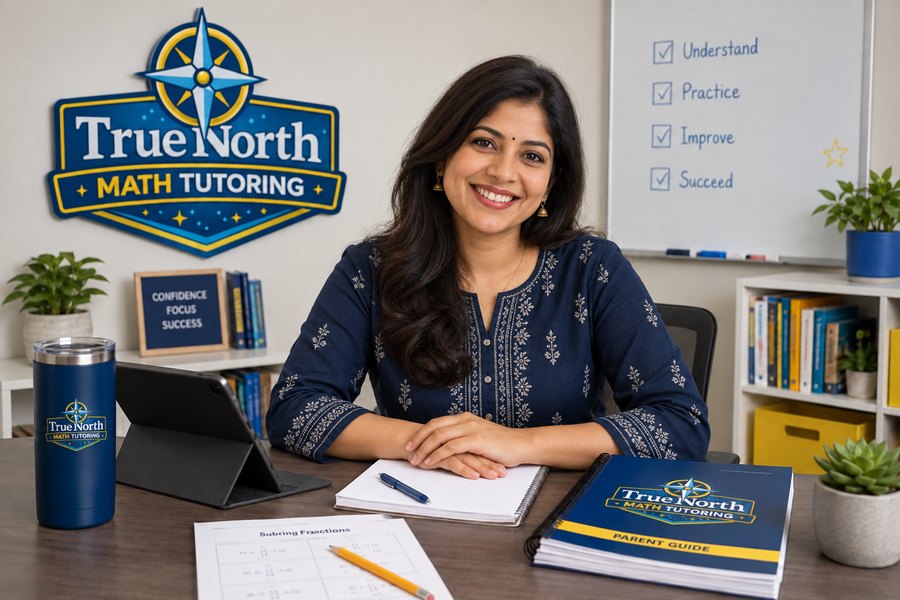 A True North Mathematics teacher at her desk with worksheets and a parent guide