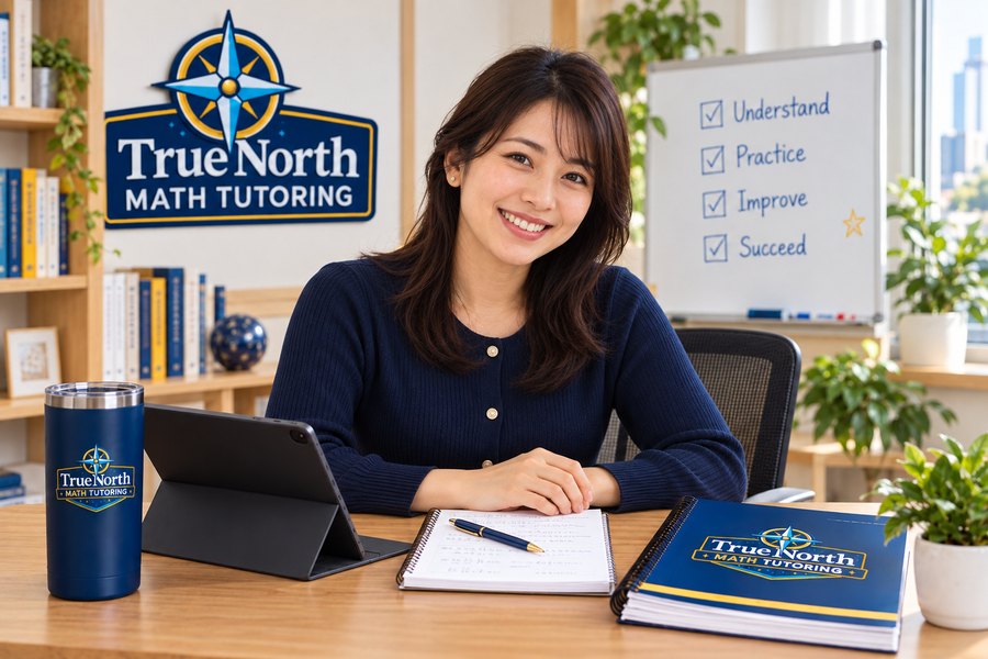 A True North Mathematics teacher at her desk with worksheets and a parent guide