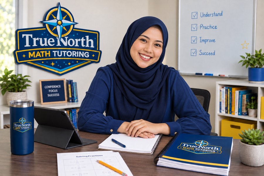 A True North Mathematics teacher at her desk with worksheets and a parent guide