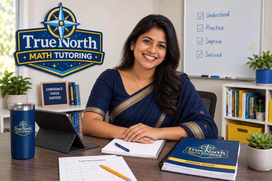 A True North Mathematics teacher at her desk with worksheets and a parent guide