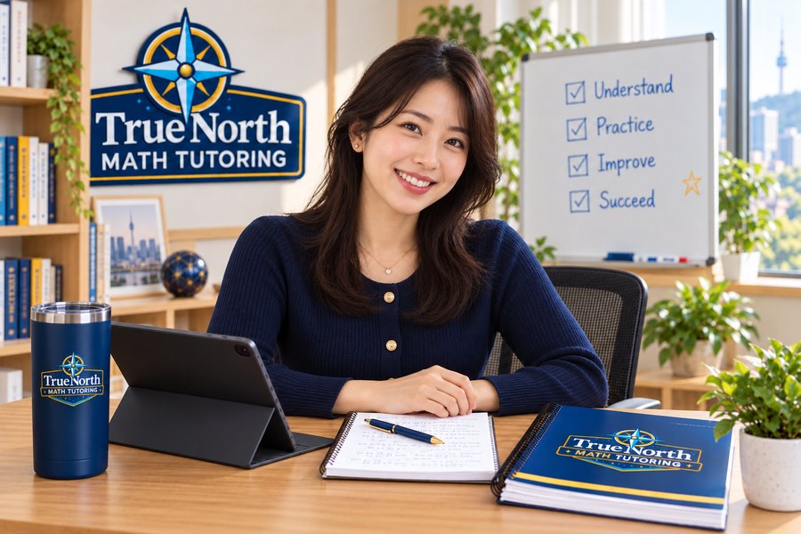 A True North Mathematics teacher at her desk with worksheets and a parent guide
