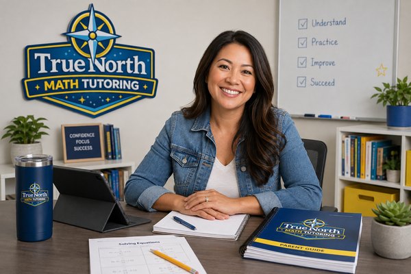 A True North Mathematics teacher at her desk with worksheets and a parent guide